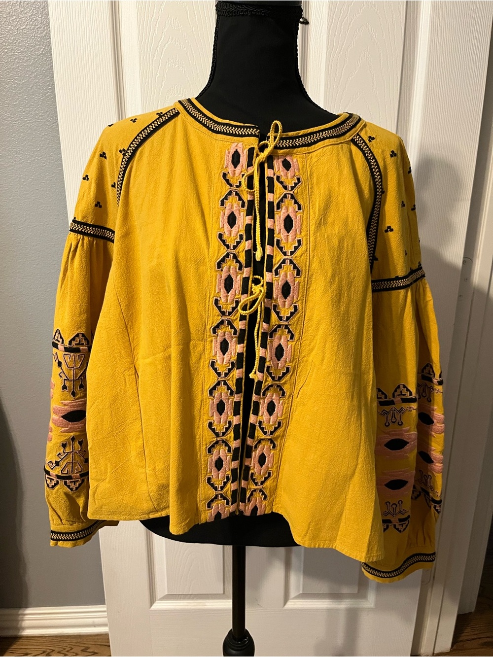Embroidered Yellow Peasant Tie-front Jacket with Bell Sleeves